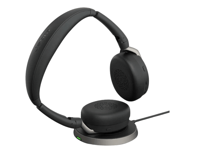 Jabra Evolve2 65 Flex UC Certified Stereo Bluetooth Headset with Wireless Charging Pad & Link 380 Adapter