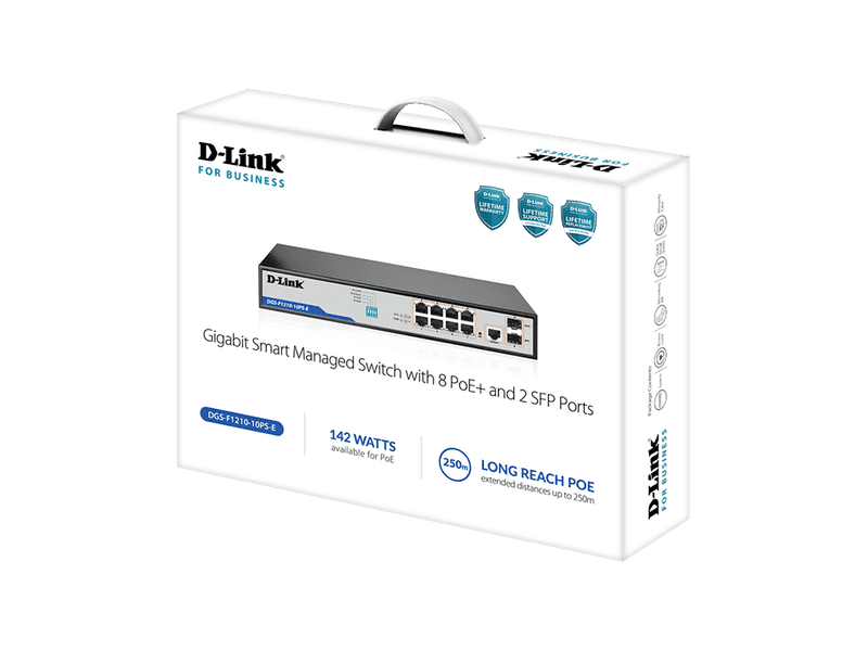 D-Link DGS-F1210, 10-Port Gigabit Smart Managed PoE+ Switch with 8 PoE RJ45 and 2 SFP Ports