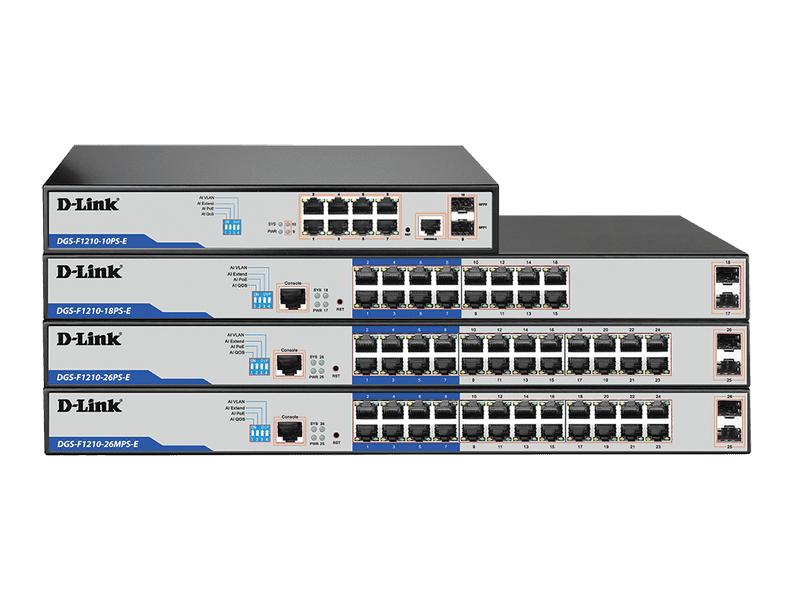 D-Link DGS-F1210, 10-Port Gigabit Smart Managed PoE+ Switch with 8 PoE RJ45 and 2 SFP Ports