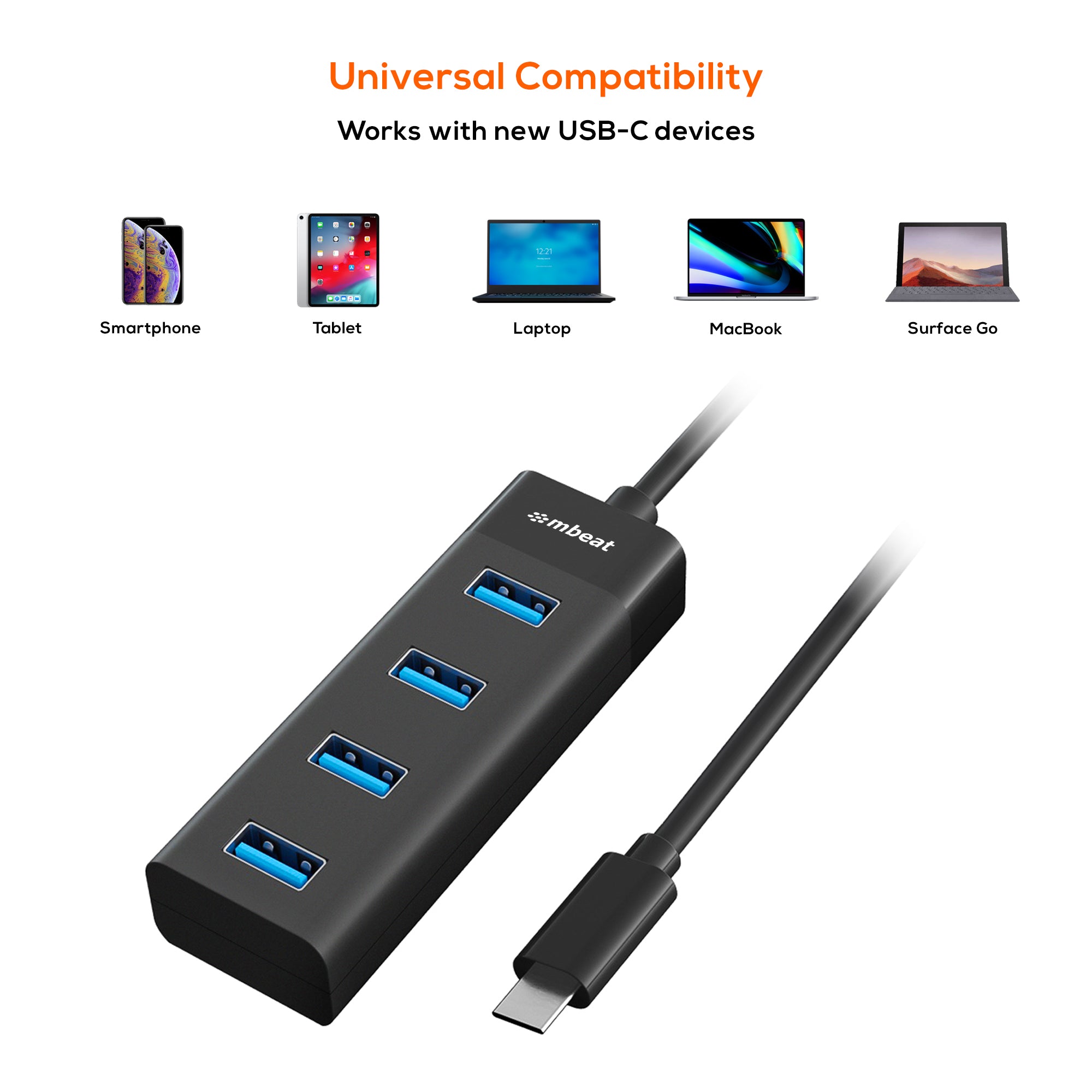 mbeat USB-C to 4-Port 3.0 Hub - Black