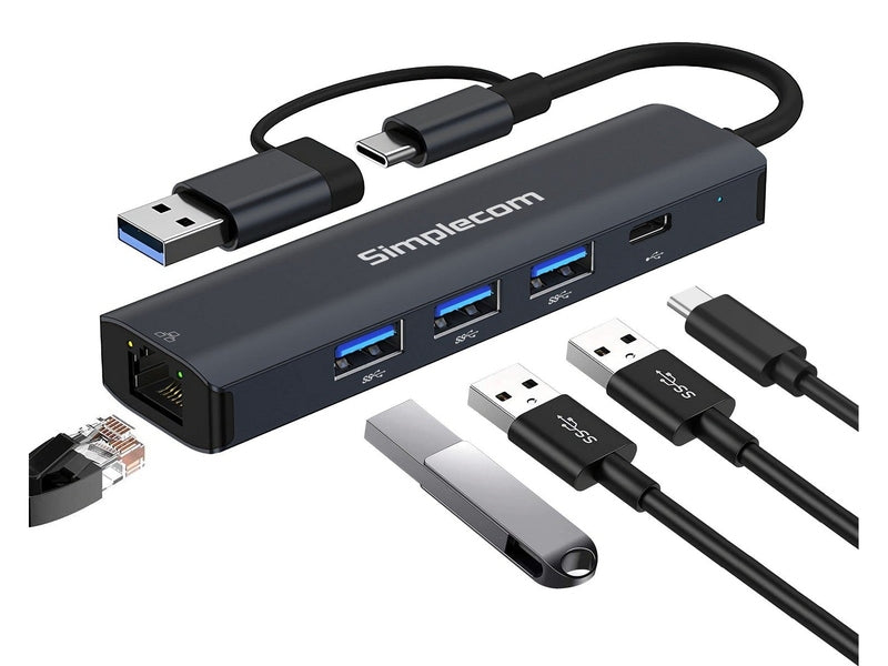 Simplecom CHN436 USB-C and USB-A to 4-Port USB HUB with Gigabit Ethernet Adapter