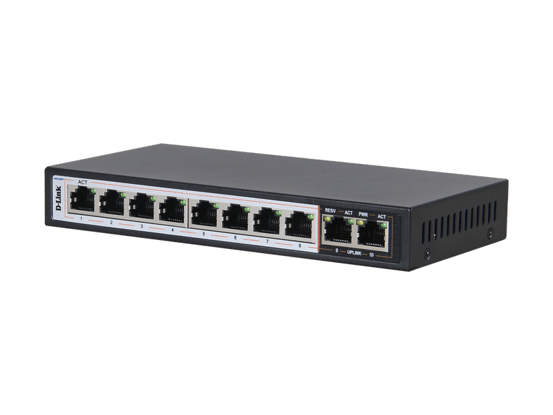 D-Link 10-Port Unmanaged PoE Switch with 8 PoE RJ45 and 2 Uplink Ports