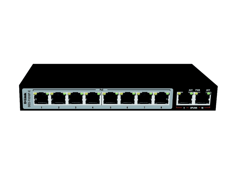 D-Link 10-Port Unmanaged PoE Switch with 8 PoE RJ45 and 2 Uplink Ports