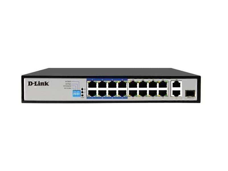 D-Link 18-Port Unmanaged PoE Switch with 16 PoE RJ45 and 2 Uplink Ports