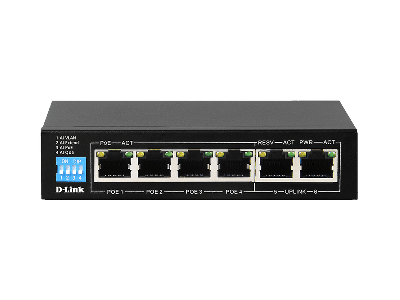 D-Link 6-Port Gigabit PoE Switch with 4 RJ45 PoE and 2 Uplink Ports