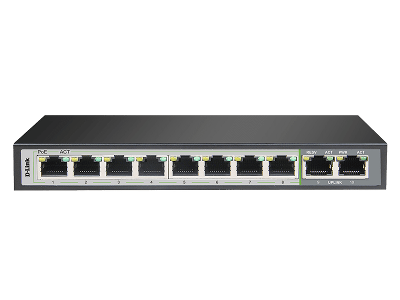 D-Link 10-Port Unmanaged PoE Switch with 8 RJ45 PoE and 2 Uplink Ports