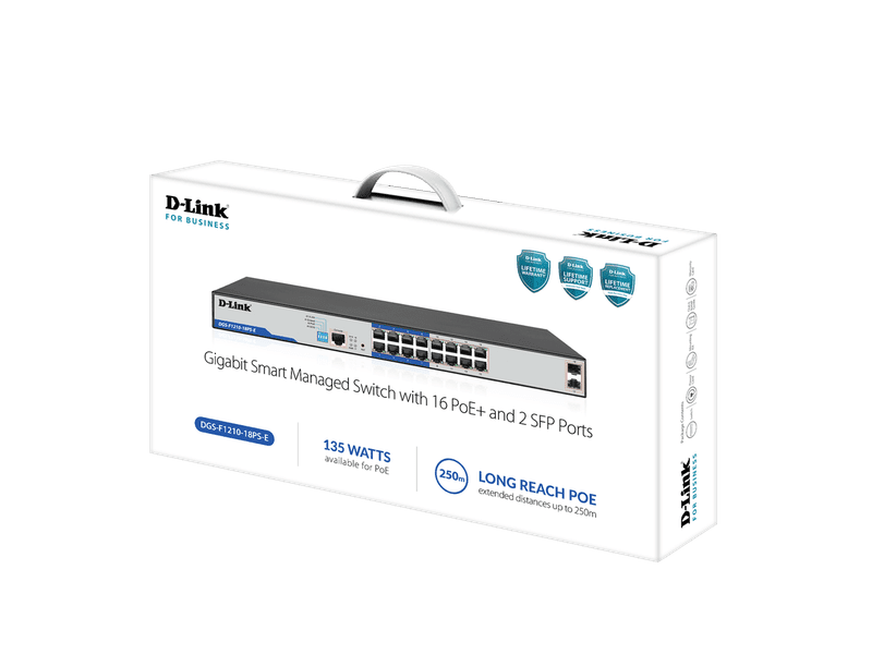 D-Link DGS-F1210 18-Port Gigabit Smart Managed PoE+ Switch with 16 PoE RJ45 and 2 SFP Ports