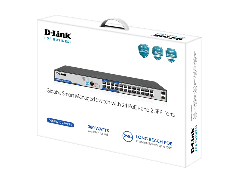 D-Link DGS-F1210 26-Port Gigabit Smart Managed PoE+ Switch with 24 PoE RJ45 and 2 SFP Ports