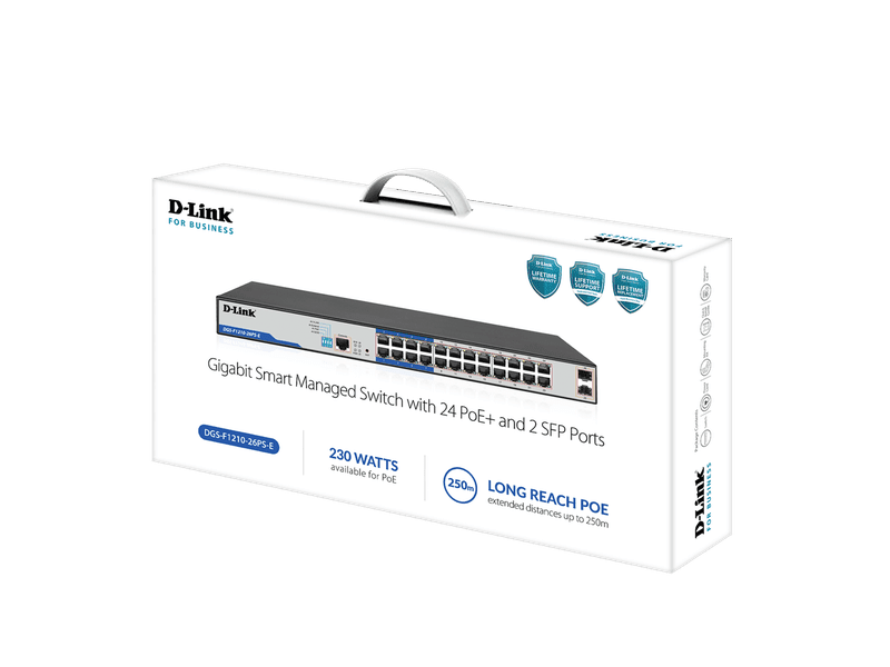 D-Link DGS-F1210 26-Port Gigabit Smart Managed PoE+ Switch with 24 PoE RJ45 and 2 SFP Ports