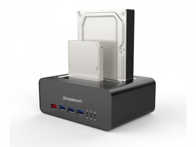 Simplecom USB 3.0 to Dual SATA Aluminium Docking Station with 3-Port Hub and 1 Port 2.1A USB Charger