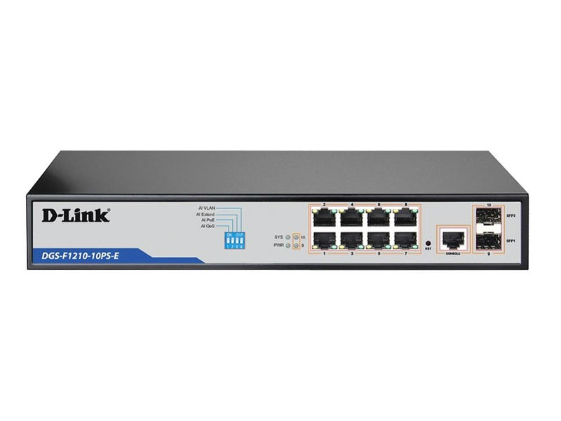 D-Link DGS-F1210, 10-Port Gigabit Smart Managed PoE+ Switch with 8 PoE RJ45 and 2 SFP Ports