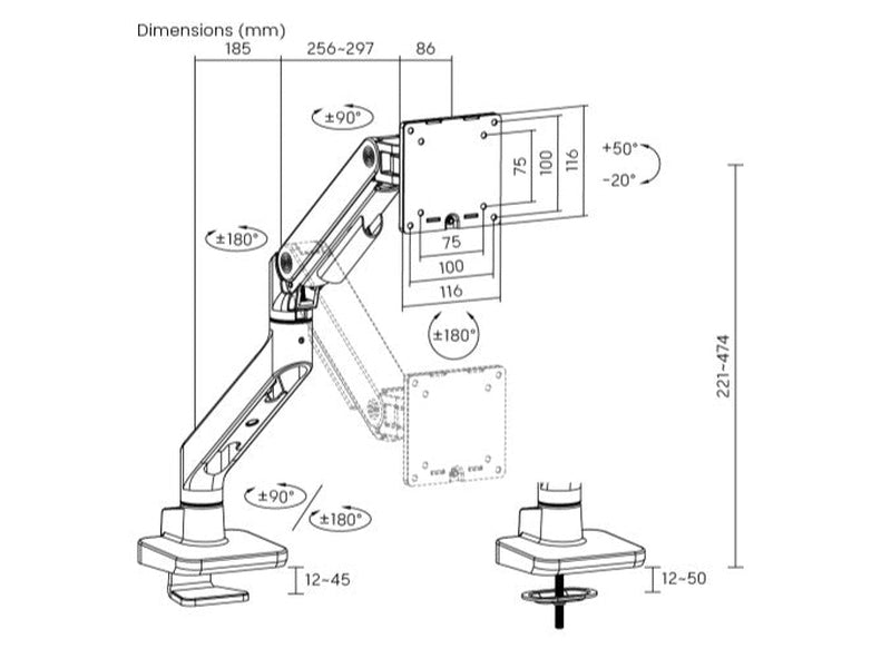 Brateck LDT81-C012-B Noteworthy Heavy-Duty Gas Spring Monitor Arm for Most 17"~49" Monitors, Fine Texture Black New