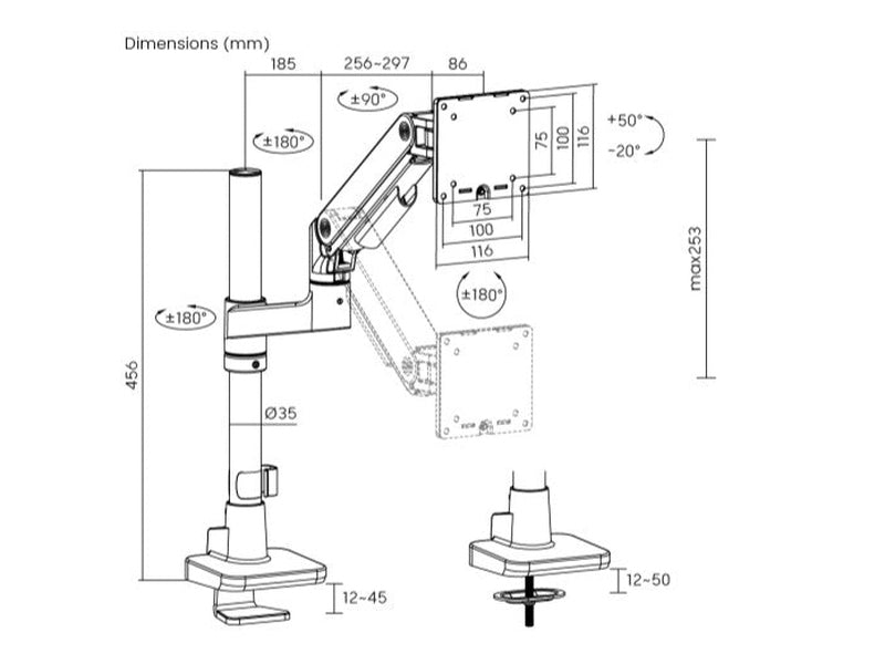 Brateck LDT81-C012P-B Noteworthy Pole-Mounted Heavy-Duty Gas Spring Monitor Arm for Most 17"~49" Monitors, Fine Texture Black New