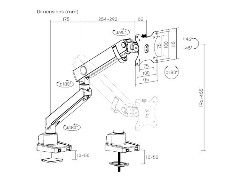 Brateck LDT84-C012-B Single Screen Slim Heavy-Duty Mechanical Spring Monitor Arm Black New