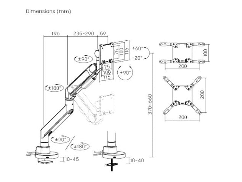 Brateck LDT92-C012UC-B Future-Proof Heavy-Duty Gas Spring Monitor Arm with USB Ports