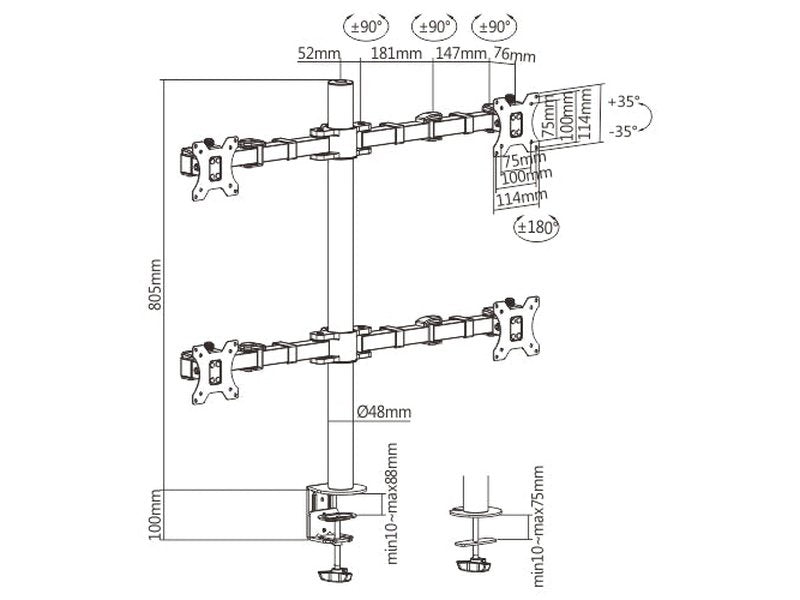 Brateck Quad Monitors Affordable Steel Articulating Monitor Arm Fit Most 17"-32" Monitors Up to 9kg per screen VESA 75x75/100x100