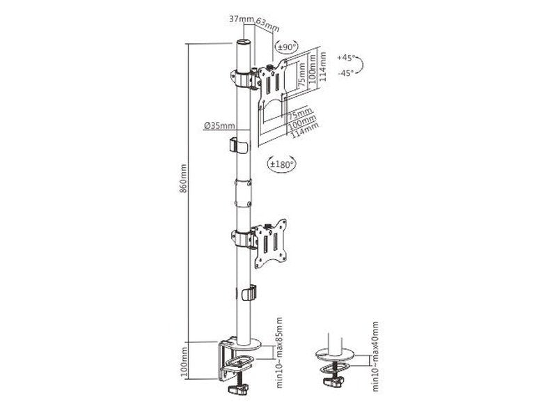 Brateck Vertical Pole Mount Dual-Screen Monitor Mount Fit Most 17"-32" Monitors, Up to 9kg per screen VESA 75x75/100x100