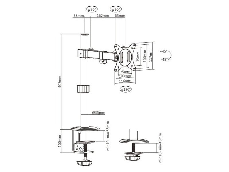 Brateck Single-Monitor Steel Articulating Monitor Mount Fit Most 17"-32" Monitor Up to 9KG VESA 75x75,100x100 Black