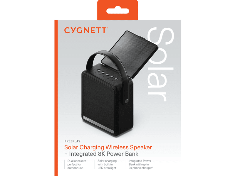 Cygnett FreePlay - Solar Chargingr Wireless Speaker + 8K Power Bank - Black