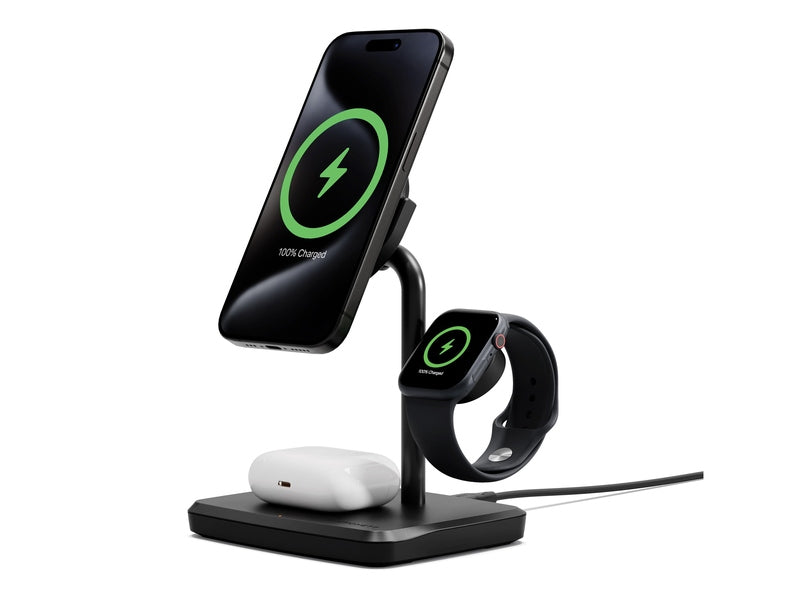 Cygnett ChargeBase Qi2 3-in-1 Magnetic 15W Wireless Charger - Black