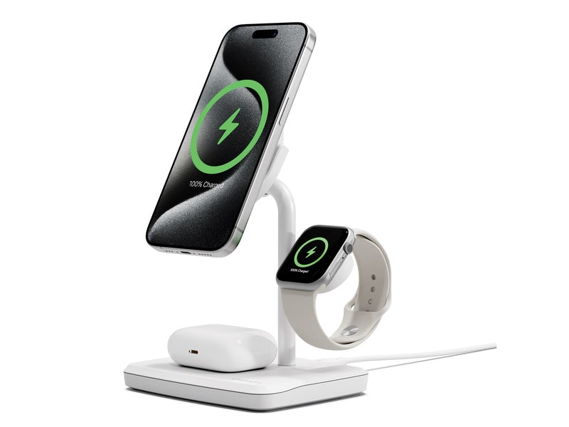 Cygnett ChargeBase Qi2 3-in-1 Magnetic 15W Wireless Charger - White