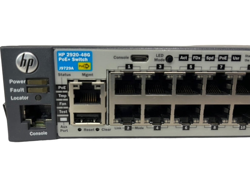 HPE Aruba J9729A 2920-48G-PoE+ 370W Switch, with Power Supply J9738A and Stacking Module J9733A *Used refurbished