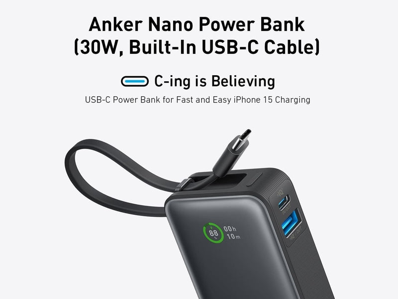 Anker Nano 10K 30W Power Bank with Built-In USB-C Cable A1259H11