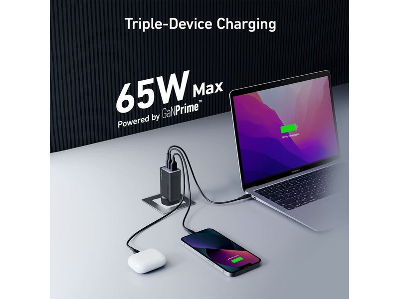 Anker GaNPrime 65W 3-Port Wall Charger B2668T11 with USB-C to USB-C Cable