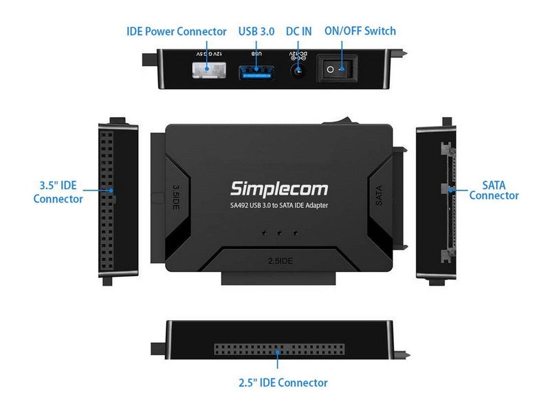 Simplecom SA492 USB 3.0 to 2.5", 3.5", 5.25" SATA IDE Adapter with Power Supply